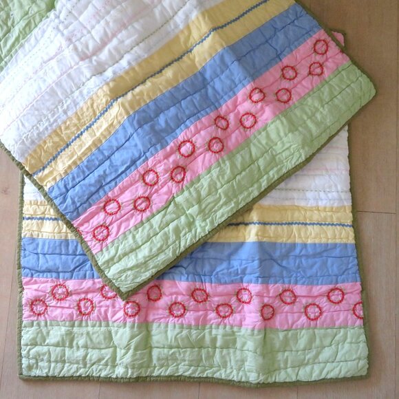 Vintage Pottery Barn Kids Quilted Shams 2 Stripe Flower Pastel 26"x 26" Cotton - Picture 2 of 10